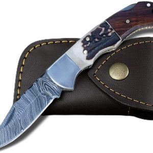 6.5" Handmade Damascus Steel Pocket Knife Folding Blade Stag Horn Handle Hunting