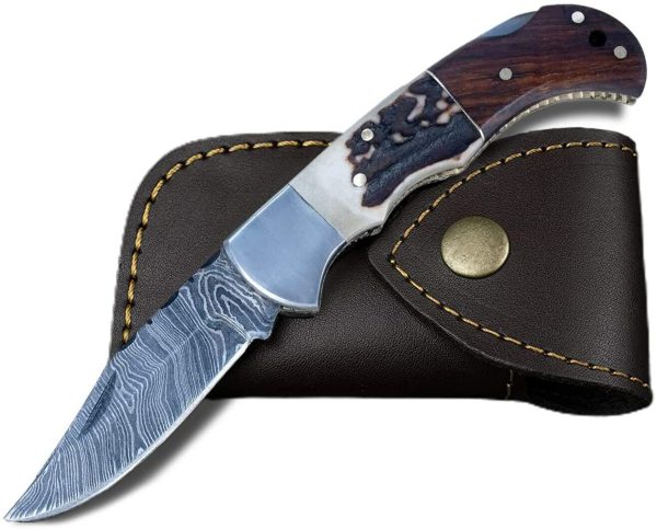 6.5" Handmade Damascus Steel Pocket Knife Folding Blade Stag Horn Handle Hunting