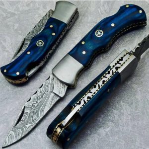 Damascus Steel Blue Handle Folding Pocket Knife