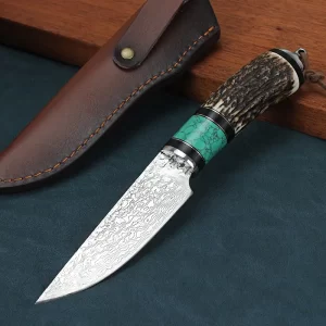 Damascus Steel Turquoise Handle Camping Hunting Knife