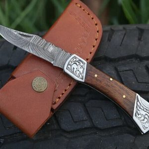 Handmade Damascus Pocket Knife with Rosewood Handle
