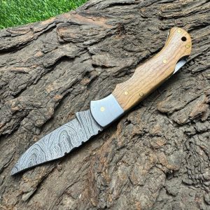 Wood Handle Folding Knife by BK - Damascus